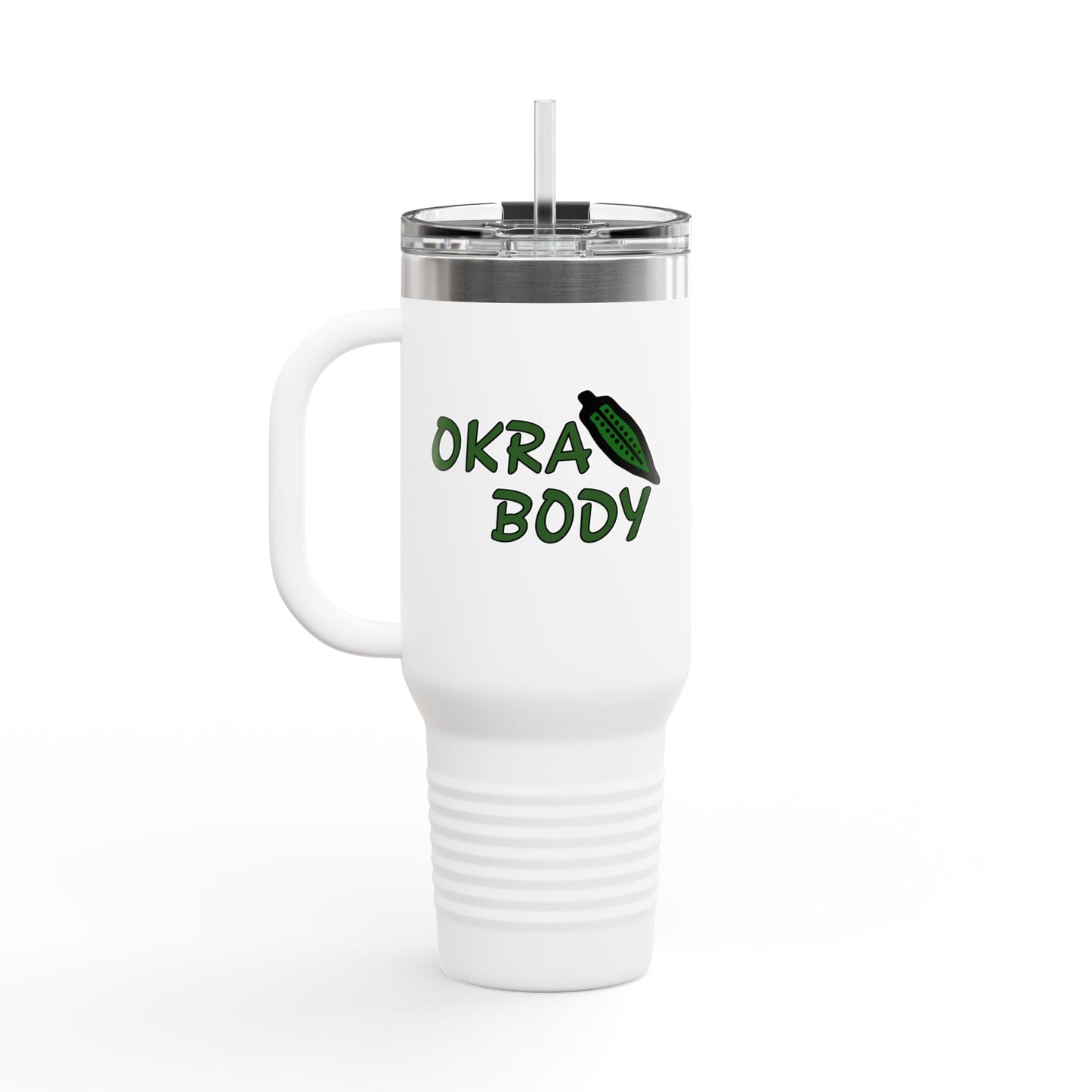 40oz Insulated Travel Mug — 'Okra Body' Stainless Tumbler with Handle & Straw