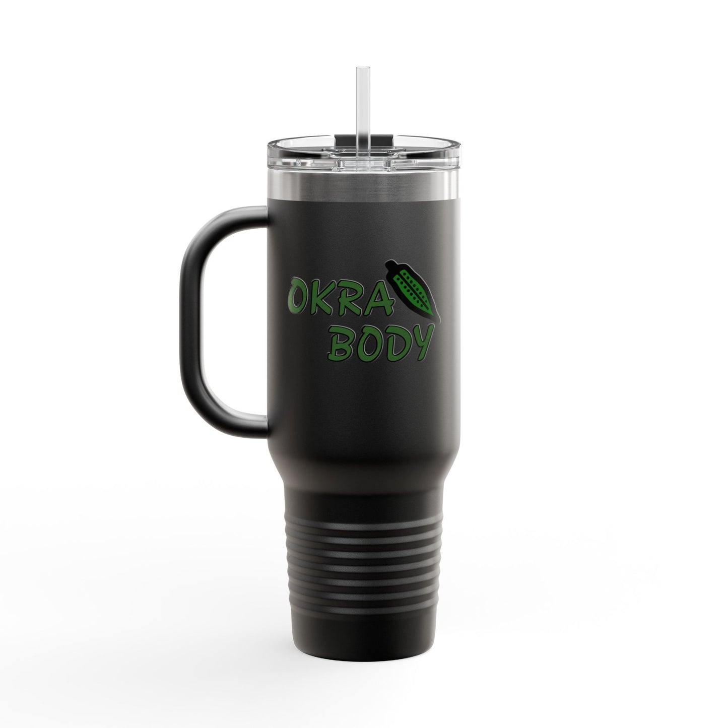 40oz Insulated Travel Mug — 'Okra Body' Stainless Tumbler with Handle & Straw