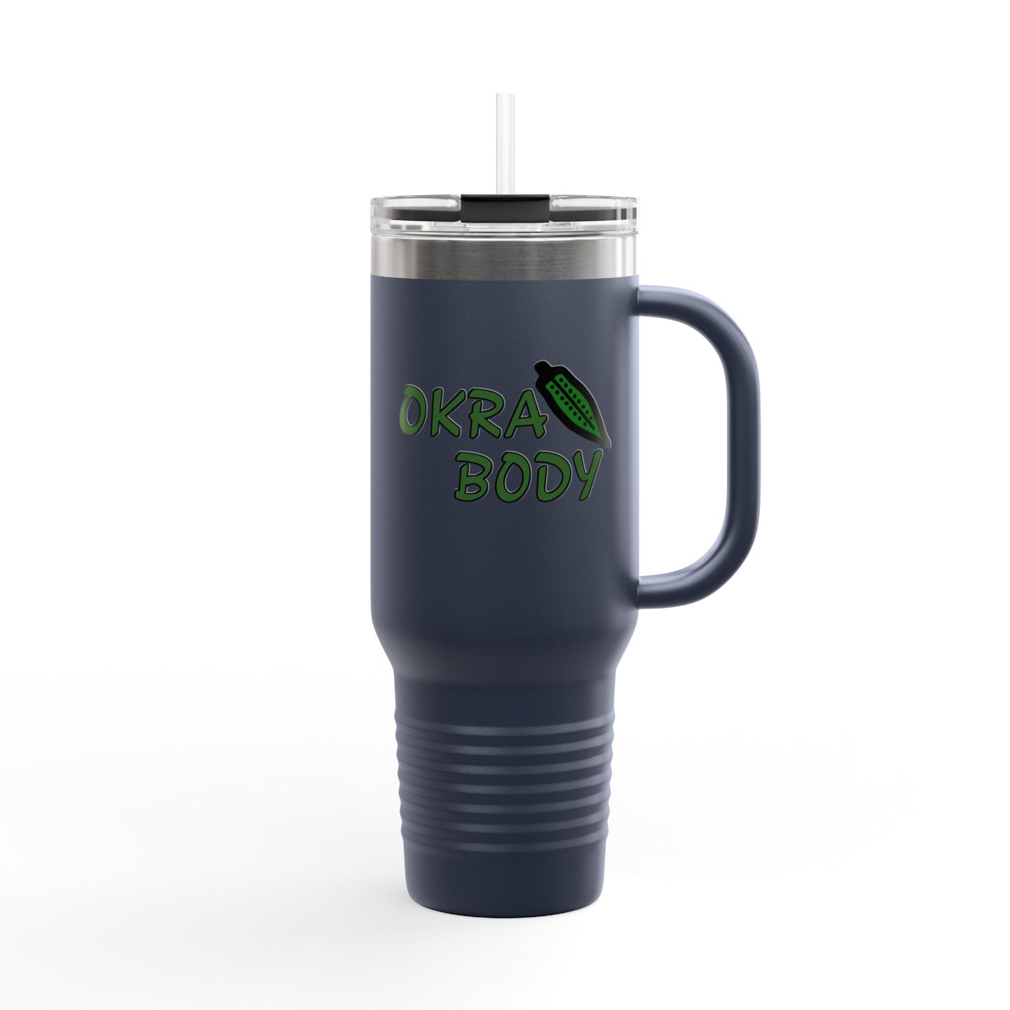 40oz Insulated Travel Mug — 'Okra Body' Stainless Tumbler with Handle & Straw