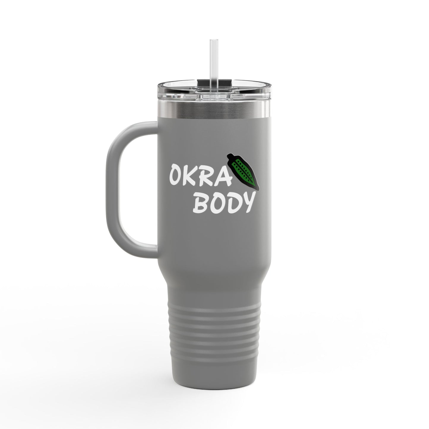 40oz Insulated Travel Mug — 'Okra Body' Stainless Tumbler with Handle & Straw