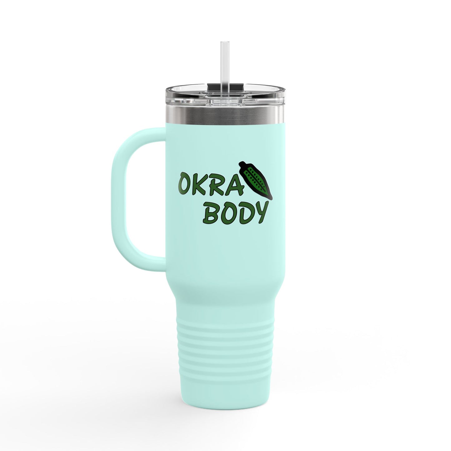 40oz Insulated Travel Mug — 'Okra Body' Stainless Tumbler with Handle & Straw