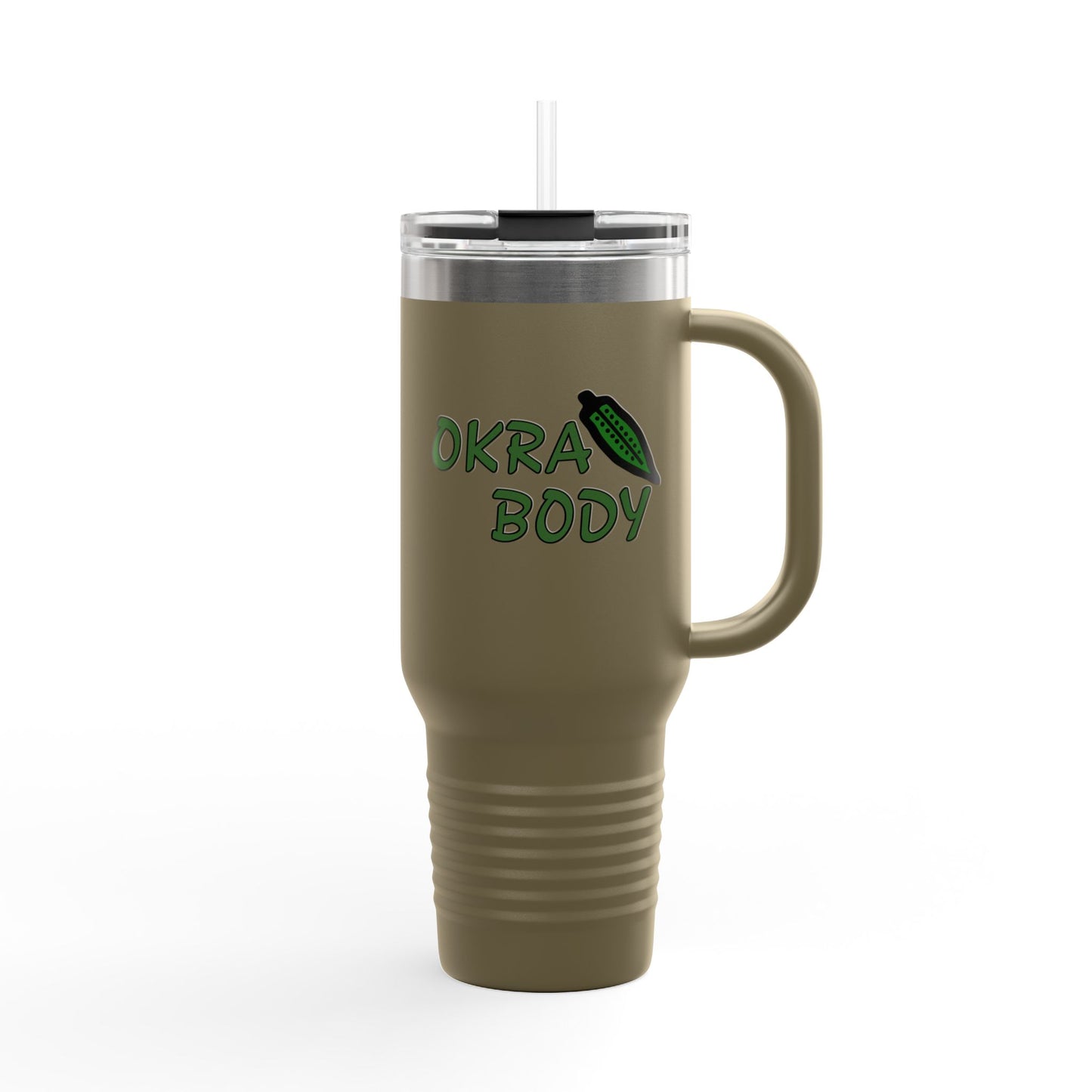 40oz Insulated Travel Mug — 'Okra Body' Stainless Tumbler with Handle & Straw