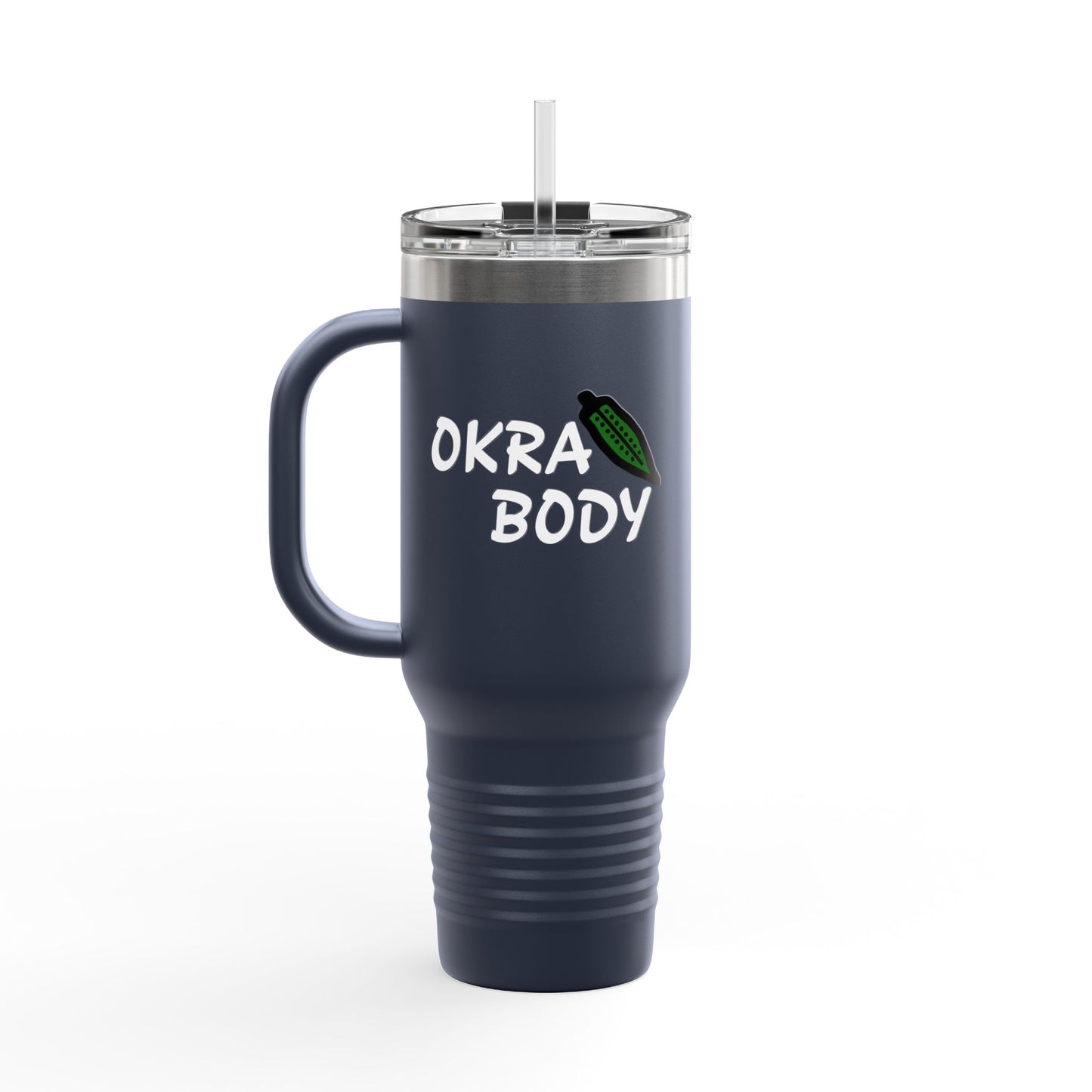 40oz Insulated Travel Mug — 'Okra Body' Stainless Tumbler with Handle & Straw