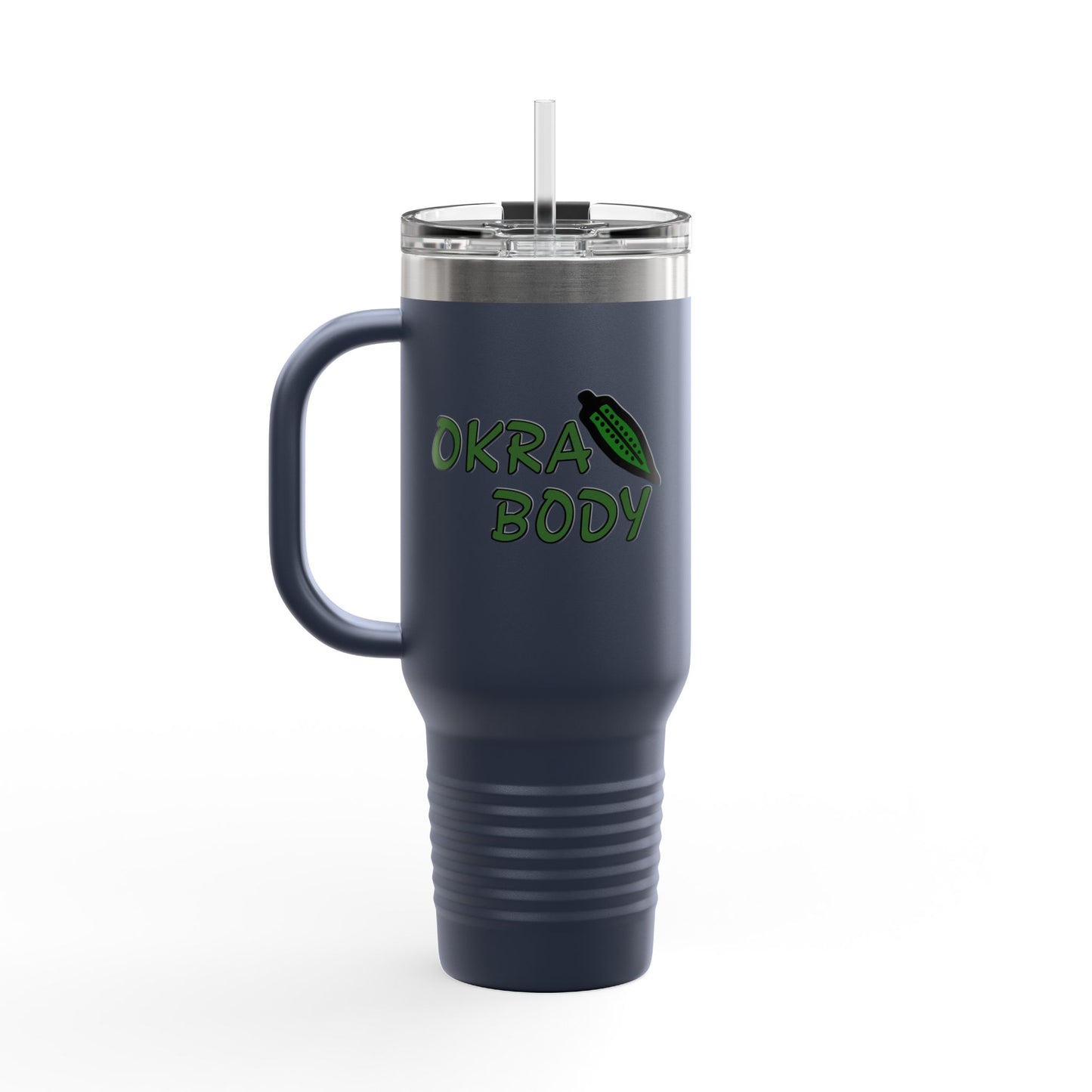 40oz Insulated Travel Mug — 'Okra Body' Stainless Tumbler with Handle & Straw
