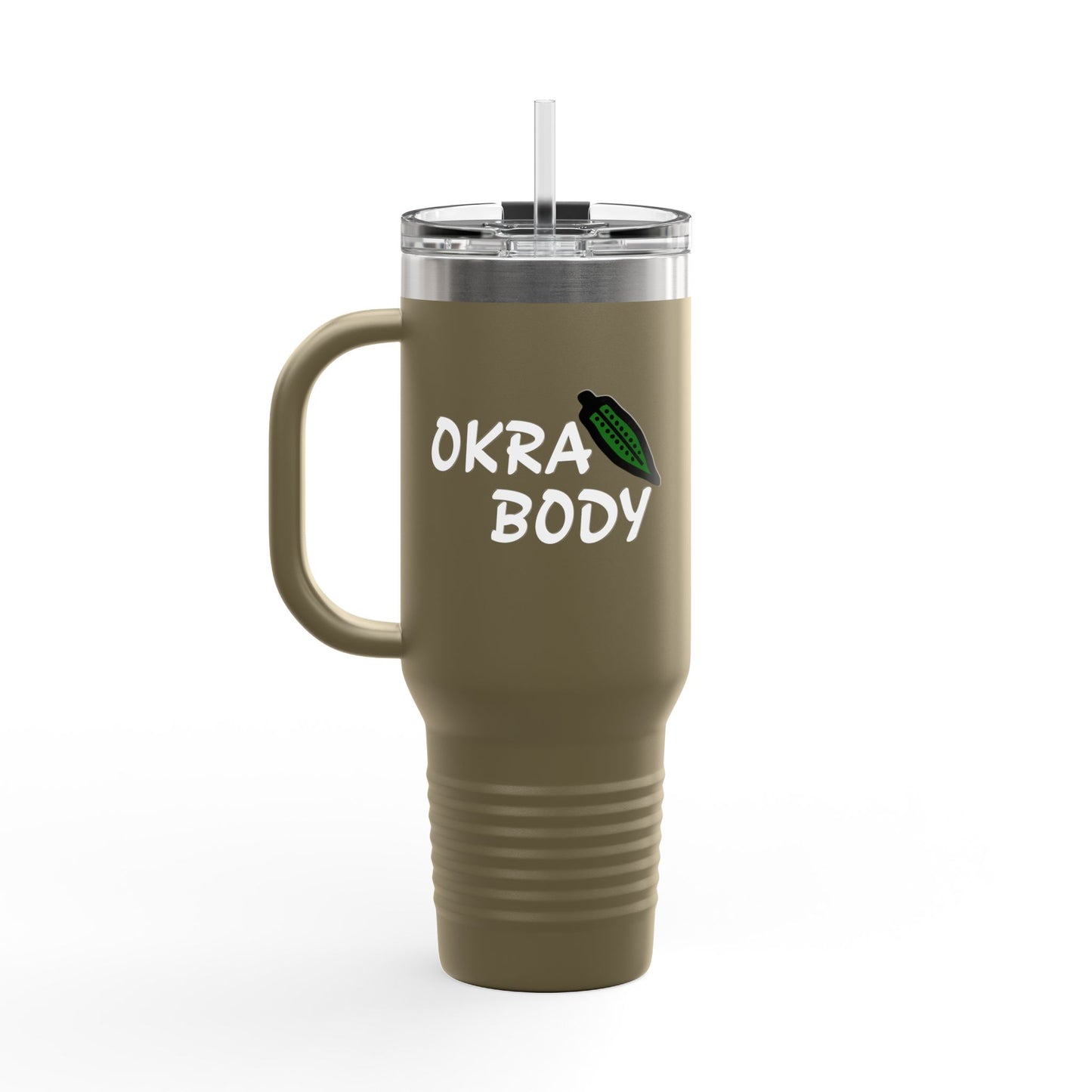 40oz Insulated Travel Mug — 'Okra Body' Stainless Tumbler with Handle & Straw