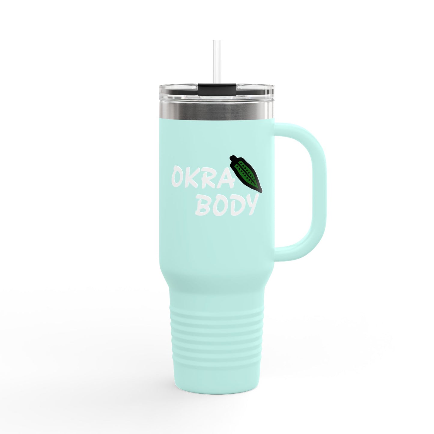 40oz Insulated Travel Mug — 'Okra Body' Stainless Tumbler with Handle & Straw