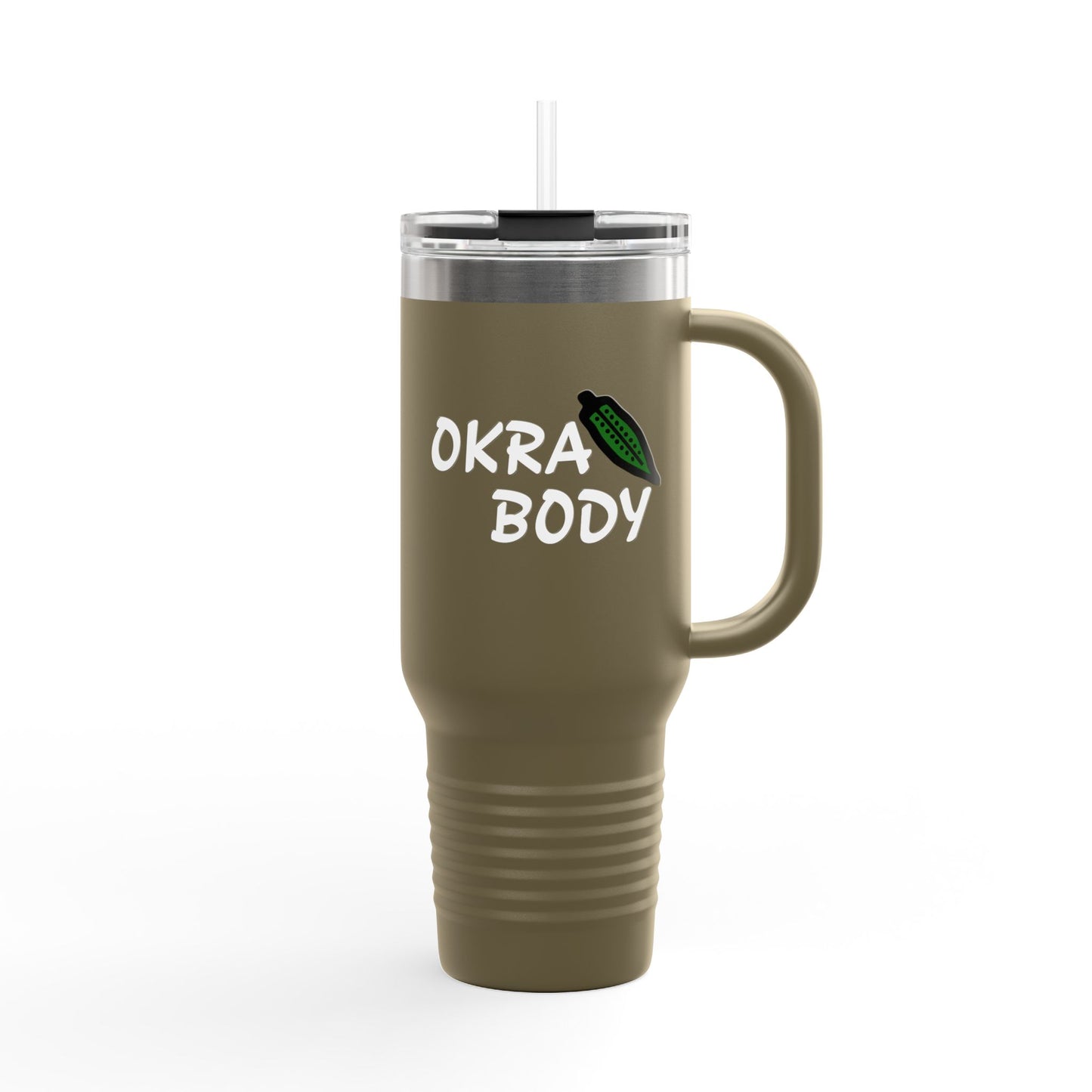 40oz Insulated Travel Mug — 'Okra Body' Stainless Tumbler with Handle & Straw