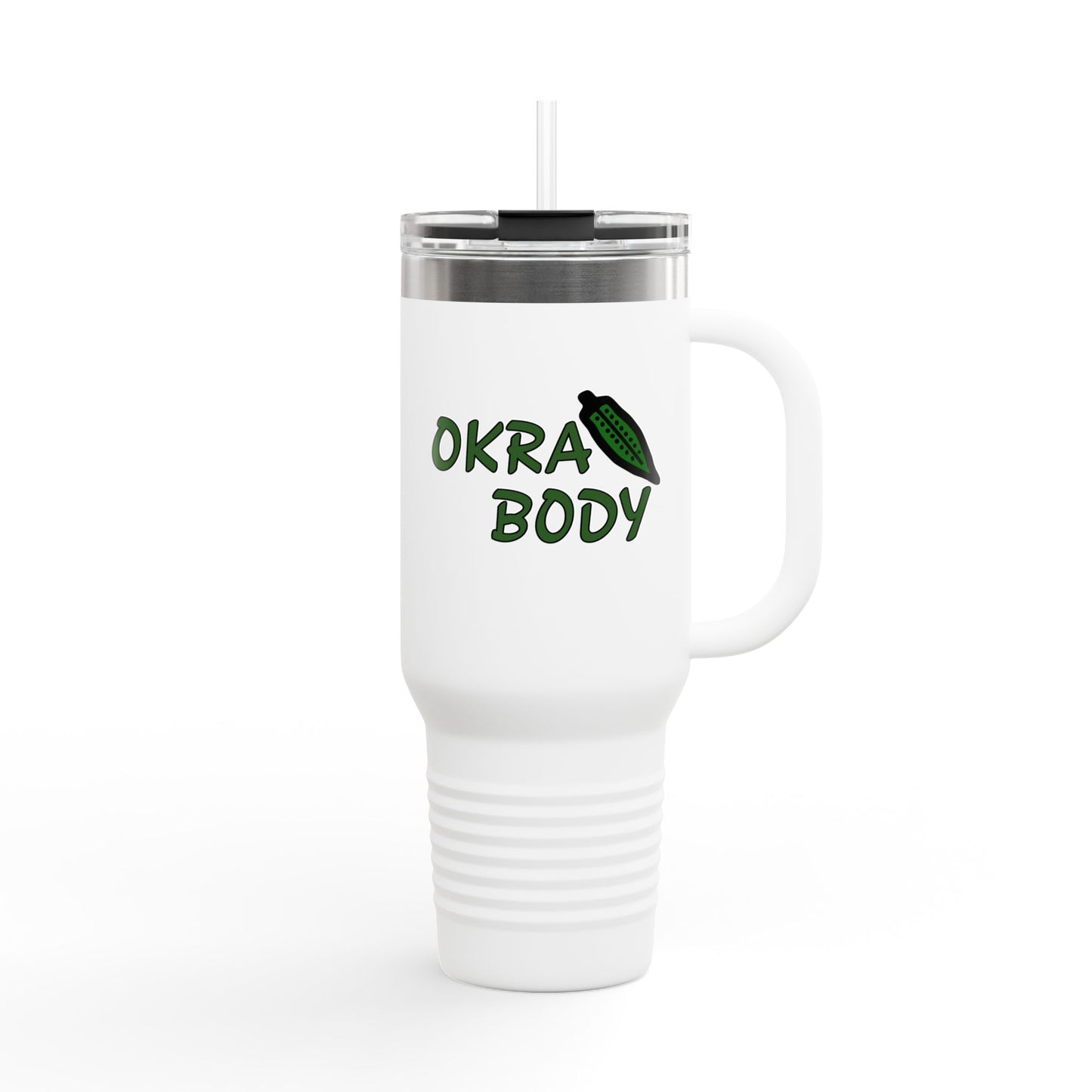 40oz Insulated Travel Mug — 'Okra Body' Stainless Tumbler with Handle & Straw